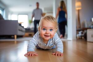 a baby crawling on the floor with a man and woman in the background photo