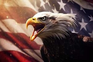 an eagle with its mouth open and an american flag in the background photo