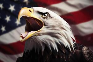 an eagle with its mouth open and an american flag in the background photo