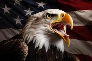 an eagle with its mouth open and an american flag in the background photo