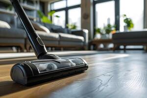 a woman is using a vacuum on a floor photo