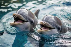 two dolphins in the water with their mouths open photo