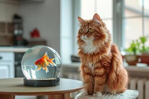 a cat looking at a fish in a bowl photo
