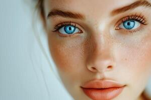 a close up of a woman with freckles on her face photo