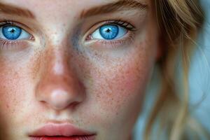 a close up of a woman with freckles on her face photo