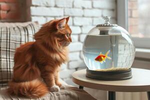 a cat looking at a fish in a bowl photo