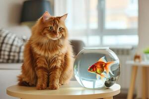 a cat looking at a fish in a bowl photo