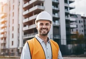 un sonriente hombre en un naranja chaleco y difícil sombrero en pie en frente de un edificio foto