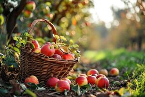 basket of green apples in the orchard photo