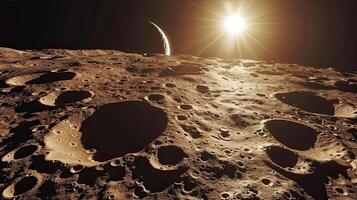 lifeless surface of the moon with craters against the backdrop of the glow of the Sun in the distance photo