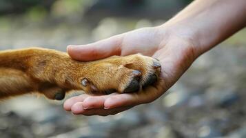 un humano mano sostiene un perros pata, simbolizando el enlace Entre hombre y animal foto