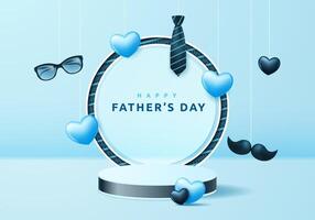 Father's Day. A podium or pedestal with a mustache and glasses on a blue background for a product presentation. vector