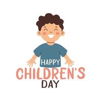 Happy children's day greeting card. Smiling child and colorful lettering isolated on white background. Holiday flat design for banner, poster, flyer. vector