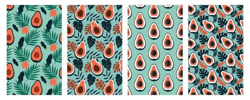 Avocado seamless pattern set. Bright abstract jungle leaves and fruit half on blue. Summer background design for print, decoration, fabric, card. vector