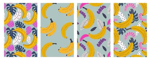 Banana seamless pattern set. Bright abstract jungle leaves and fruits on blue. Summer background design for print, decoration, fabric, card. vector