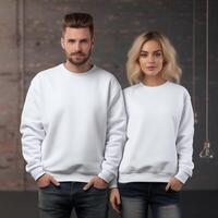 Young woman and man couple mockup. Natural sweatshirt on model mockup. Family, couple matching shirts template. Front view of pulover. Husband and wife or girlfriend with boyfriend indoor mock photo