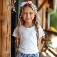 Kid Mockup Model Pink Shirt, Pink Bella Canvas 3001T Kid Mockup photo