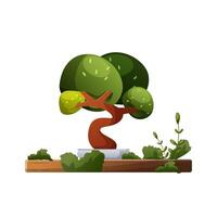 Japanesse bonsai tree with wooden table and pot vector