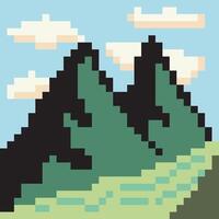 Mountain and river landscape in pixel art style vector