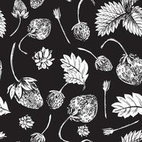 Seamless pattern with strawberry berries and leaves. Hand drawn illustration sketch . Black background. For textile, packaging, wallpaper, digital paper, crafting vector