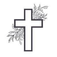 Flower Cross, Floral Easter cross. Faith Cross, Religious illustration. Funeral black illustration with arrangment of leaves. For sympathy cards, design sketch vector