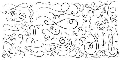 Flourishes, swirls, decorative elements collection. Sketch doodle. Fancy line flourish text typography accent, filigree modern curve ornament. vector