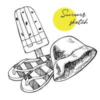 Cute summer sketch design elements. illustrations of flip flops, hats and beach bags, seashells, ice cream in black and white linear style. vector
