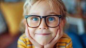 de cerca de un alegre chico con grande lentes. de cerca retrato de un joven chico con rubia pelo y grande anteojos, haciendo un gracioso cara y mirando entusiasmado. . foto