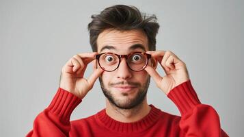 retrato de un peculiar joven hombre ajustando su rojo anteojos, con un juguetón y curioso expresión en un neutral antecedentes. foto