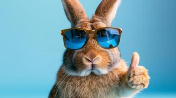 Rabbit with sunglasses giving a thumbs up. Close-up of a rabbit with sunglasses giving a thumbs up, against a blue background. . photo