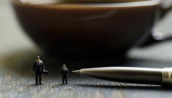 Miniature Businessmen with Coffee and Pen photo