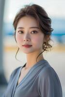 Elegant portrait of a young Asian woman in soft light. Intimate close-up of a young Asian woman with elegant hairstyle and soft makeup, illuminated by natural light. . photo