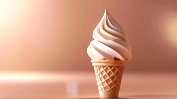 A soft serve ice cream cone with a smooth and creamy texture, set against a soft peach-colored background. photo