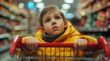 Little boy in a shopping cart. Close-up of a curious little boy in a yellow jacket, looking up while sitting in a shopping cart at a supermarket. photo