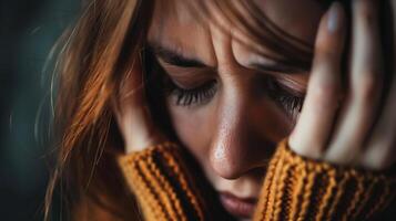 Close-up of a distressed woman. An emotional portrait showing a young woman with her face in her hands, feeling overwhelmed and sorrowful. . photo