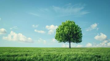 Solitary tree in green field.Lone tree standing in a vast green field under a clear blue sky. photo