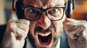 Intense gamer reacting during gameplay. Close-up portrait of an intense male gamer wearing headphones, reacting with a powerful emotional expression during gameplay, emphasizing energy and focus. photo