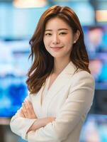 Professional Asian businesswoman in modern office. Elegant Asian businesswoman smiling confidently in a well-lit office setting. . photo