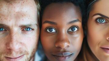 Diverse faces close together. Highly detailed close-up of three diverse individuals, highlighting their unique eye colors and facial features. . photo