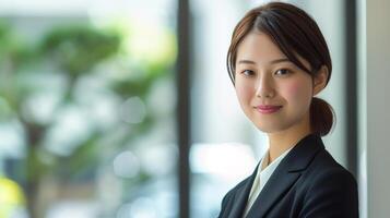 Professional Young Businesswoman in Office. Portrait of a professional young businesswoman in a tailored suit, confidently smiling in a bright, modern office environment. photo