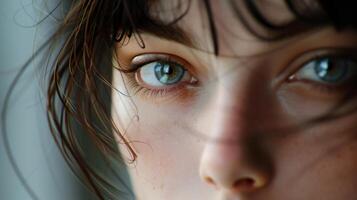 Intense close-up of human eyes. Hyper-realistic close-up of a young woman's eyes, capturing intricate details and vivid colors. photo