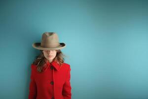 elegante mujer en un rojo Saco y sombrero. mujer vistiendo un elegante rojo Saco y beige sombrero en contra un azul antecedentes. . foto