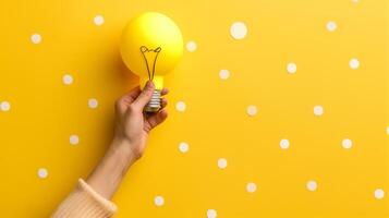 Hand Holding Light Bulb Balloon on Polka Dot Background photo