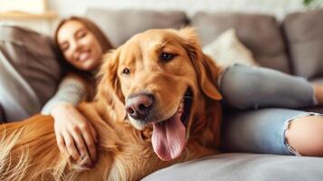 A young woman and her golden retriever dog relaxing on a couch, sharing a joyful moment together. photo