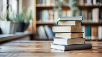 un de cerca Disparo de un apilar de libros en un de madera mesa, con un borroso biblioteca antecedentes. foto