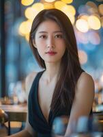 Sophisticated woman in a black dress. Portrait of a sophisticated Asian woman in a black evening dress, with a blurred background of warm glowing lights. photo