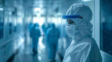Healthcare worker in protective gear in hospital corridor. Healthcare worker in full protective gear stands in a brightly lit hospital corridor, looking intensely at the camera. photo