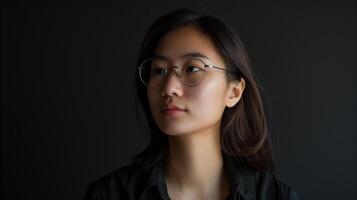 Young woman in profile. Portrait of a young Asian woman with glasses looking to the side, against a dark background. photo