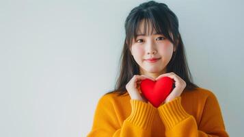 joven mujer participación corazón.retrato de un joven mujer en un amarillo suéter, sonriente y participación un rojo corazón. foto