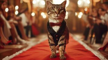 gato en rojo alfombra en arco Corbata y chaleco. esmeradamente vestido gato caminando en un rojo alfombra en un chaleco y arco atar, rodeado por gente. . foto